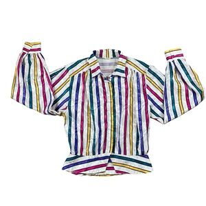 VTG 80s 90s Long Sleeve Colorful Striped Blouse Women's 10 Silky Balloon Sleeves